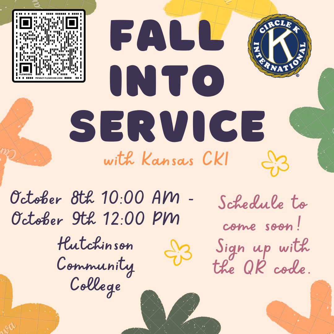 CkiKansas's tweet photo. We cannot wait to see you and all of your friends at Fall into Service 2022. 

Remember, it's not just for CKI members, anyone can come, SO share with your clubs, roommates, classmates, etc..!

Use the QR code to sign up today! A detailed schedule of the days will be out soon! https://t.co/nuD37cwYbY