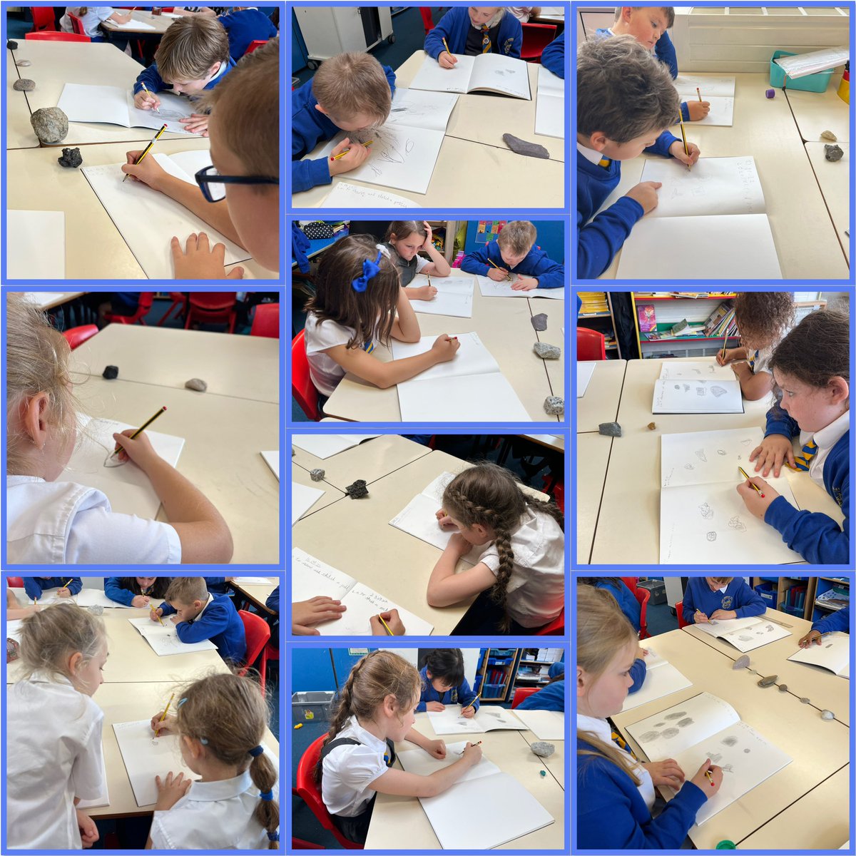 's tweet image. Our continued Art objective, in Year 3, is to observe and sketch objects. This week we are looking at different types of rocks, which links to our Science topic. The children are perfecting their sketching skills. #lightlines #shading #buildinglines ✍🏻🪨