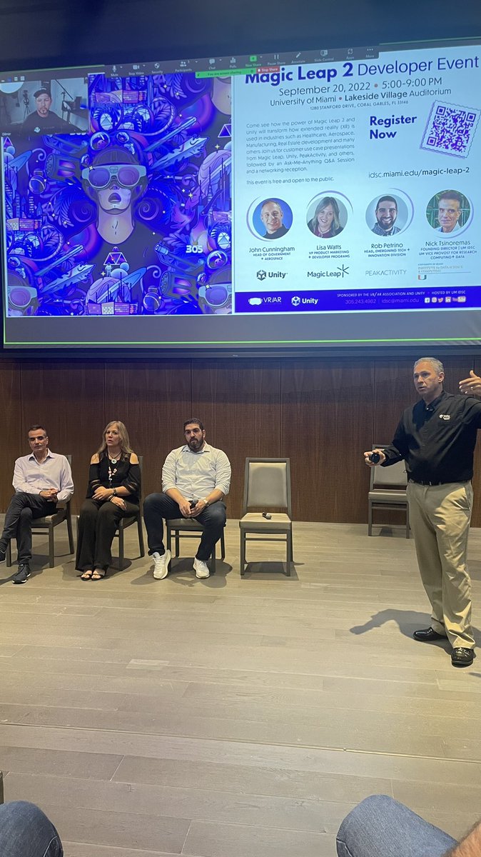 thatguyfenton's tweet photo. Earlier this week at event about building the future of XR w/ panelists @LisaMWatts @MagicLeap, John A Cunningham from @Unity, Nick Tsinorema @univmiami and @petrosinorob @PeakActivity… special guest @dimlerv 

… great dialog about building in AR/VR #lifecache #MagicLeap #Unity https://t.co/RKxsQBE1bz