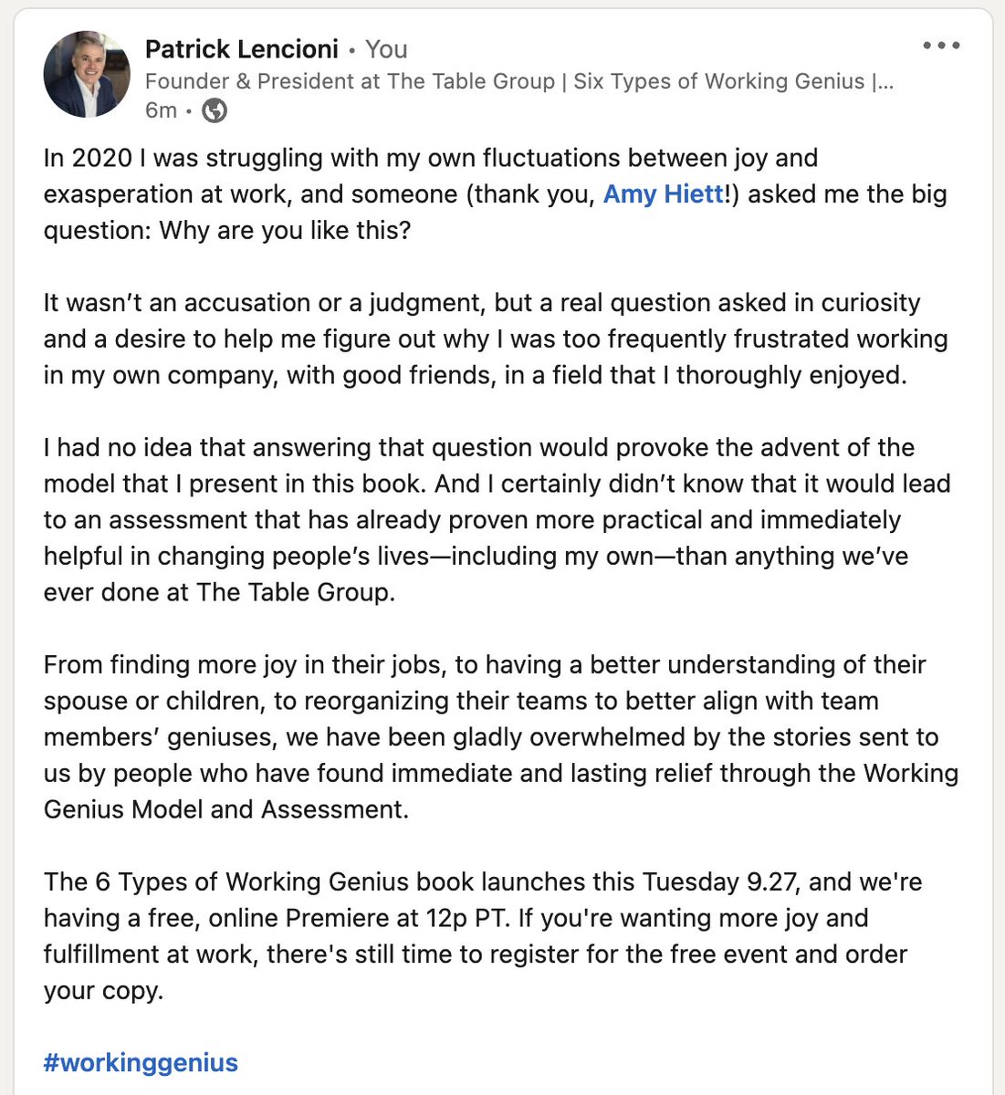 The 6 Types of Working Genius book launches this Tuesday 9.27, and we're having a free, online Premiere at 12p PT. If you're wanting more joy and fulfillment at work, there's still time to register for the free event and order your copy. Links in bio. #workinggenius