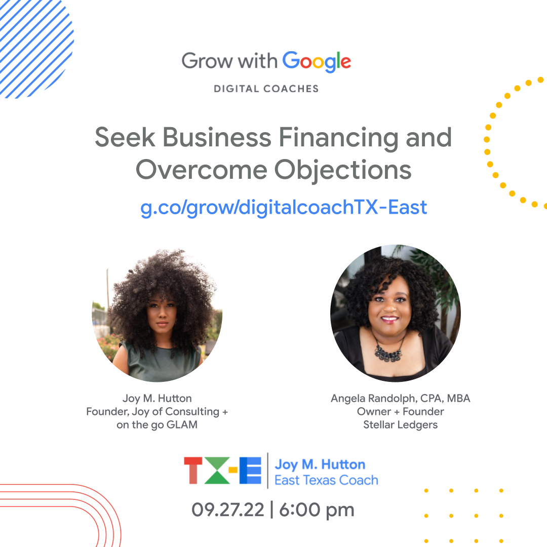 AngelaTheCFO's tweet photo. Join me next Tuesday where I'll be chatting with Joy Hutton, Digital Coach - Grow with Google about business funding, best practices for your finances, etc. Register for free at: https://t.co/fKwPBxe88l
@joy_m_h

#growwithgoogle #growwithgoogletx #smallbusiness #busi https://t.co/PKRSpOC6Xs