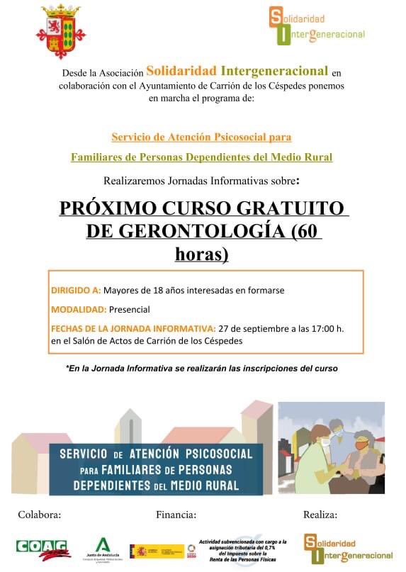 orientapilas's tweet photo. Asociación Solidaridad Intergeneracional pone en marcha un #Curso #Gratuito de #Gerontología  si quieres apuntarte tienes que ir a LA JORNADA INFORMATIVA: 27 de septiembre a las 17:00 h. en el Salón de Actos de Carrión de los Céspedes. https://t.co/CyFNby2cGd