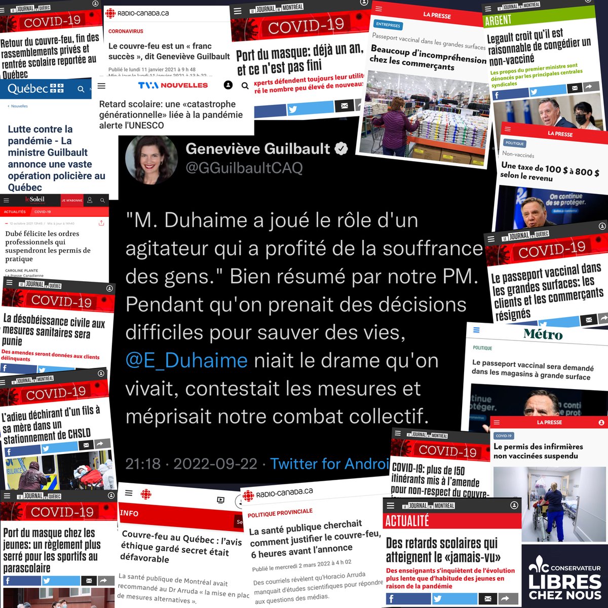 PconservateurQc's tweet photo. La ministre Geneviève Guilbeault a envoyé ce tweet hier soir à 21h18 pendant le débat. 

Avez-vous besoin d’un aide-mémoire Mme. Guilbeault ? 

Voici un résumé de ce que votre gouvernement a imposé aux Québécois de tous les âges. #PCQ #LibresChezNous

https://t.co/2tKh3tciEp https://t.co/vyxa4yBRqQ