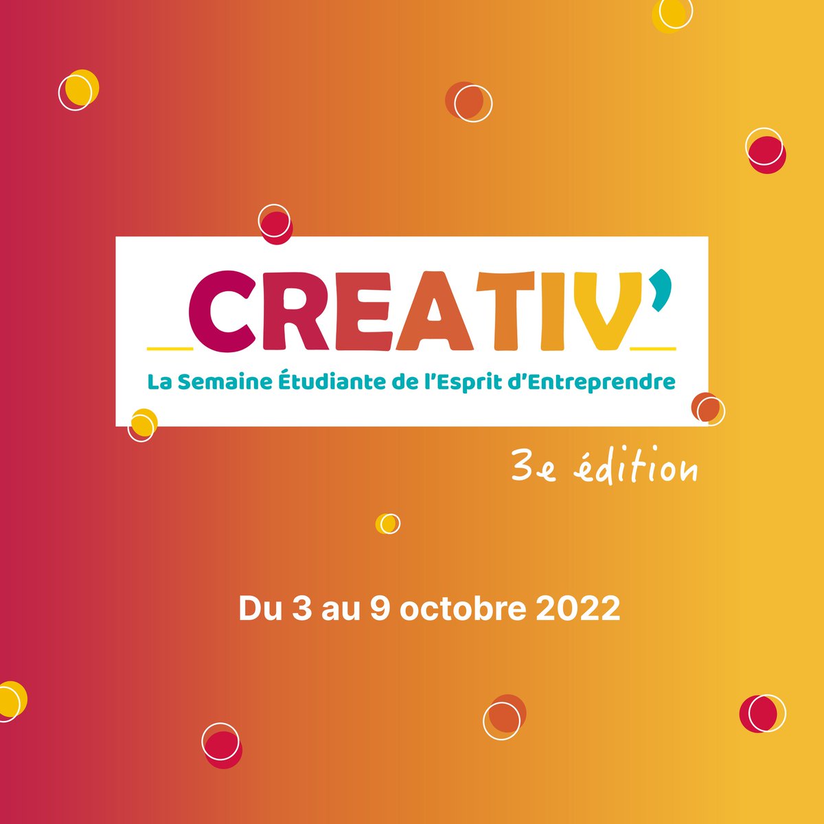Plus que quelques jours avant le retour de CREATIV !

Si tu es intéressé par l'entrepreneuriat RDV du 3 au 9 octobre, partout en France ! 

N'attends plus et découvre le programme ! ➡️ creativ-entreprendre.org