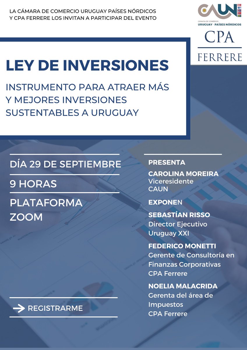 #URUGUAY Los profesionales de CPA FERRERE <a href="/FedeMonetti/">Federico Monetti</a> y Noelia Malacrida participarán del evento Ley de #Inversiones: instrumento para atraer más y mejores sustentables a Uruguay, de la mano de la <a href="/CamaraNordicaUy/">Cámara Nórdica</a> y <a href="/UruguayXXI/">Uruguay XXI</a>. 

🗓️ 29/9
⏲️9.00 h
📝bit.ly/3dAu3Oz