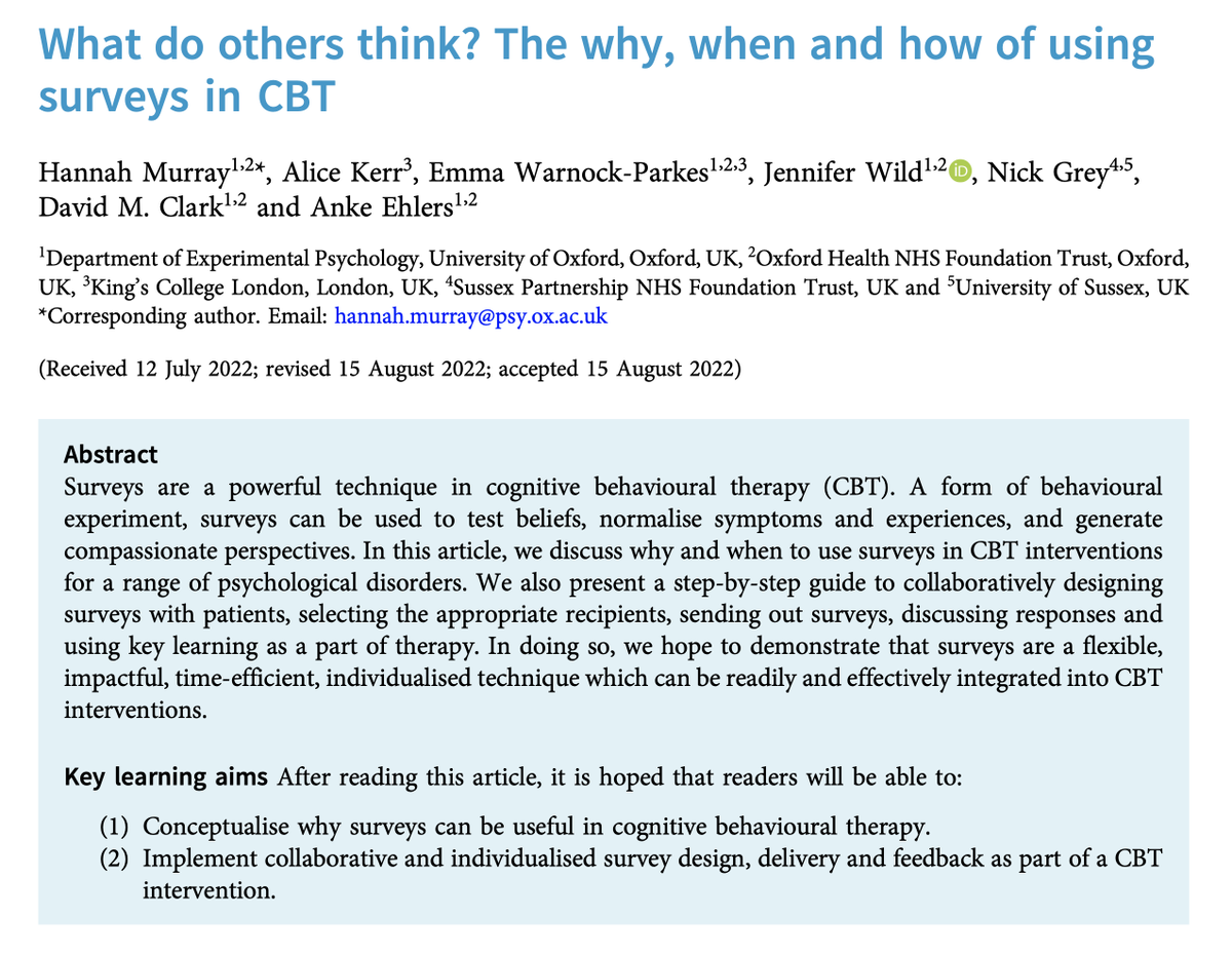 tCBT & BCP are on BlueSky etc (@thecbtjournal) on Twitter photo New tCBT paper: What do others think? The why, when and how of using surveys in CBT
Full free text at cambridge.org/core/journals/…
<a href="/MurrayPTSD/">Hannah Murray</a> <a href="/DrAliceHKerr/">Alice Kerr đź’™</a> <a href="/DrEmmaWParkes/">EmmaWParkes</a> <a href="/DrJenWild/">Dr Jennifer Wild</a> <a href="/nickdgrey/">Nick Grey</a> <a href="/BABCP/">BABCP</a> @rthwaites <a href="/lindsayflook/">Lindsay Flook</a> @CurnowSteph New tCBT paper: What do others think? The why, when and how of using surveys in CBT
Full free text at cambridge.org/core/journals/…
<a href="/MurrayPTSD/">Hannah Murray</a> <a href="/DrAliceHKerr/">Alice Kerr đź’™</a> <a href="/DrEmmaWParkes/">EmmaWParkes</a> <a href="/DrJenWild/">Dr Jennifer Wild</a> <a href="/nickdgrey/">Nick Grey</a> <a href="/BABCP/">BABCP</a> @rthwaites <a href="/lindsayflook/">Lindsay Flook</a> @CurnowSteph