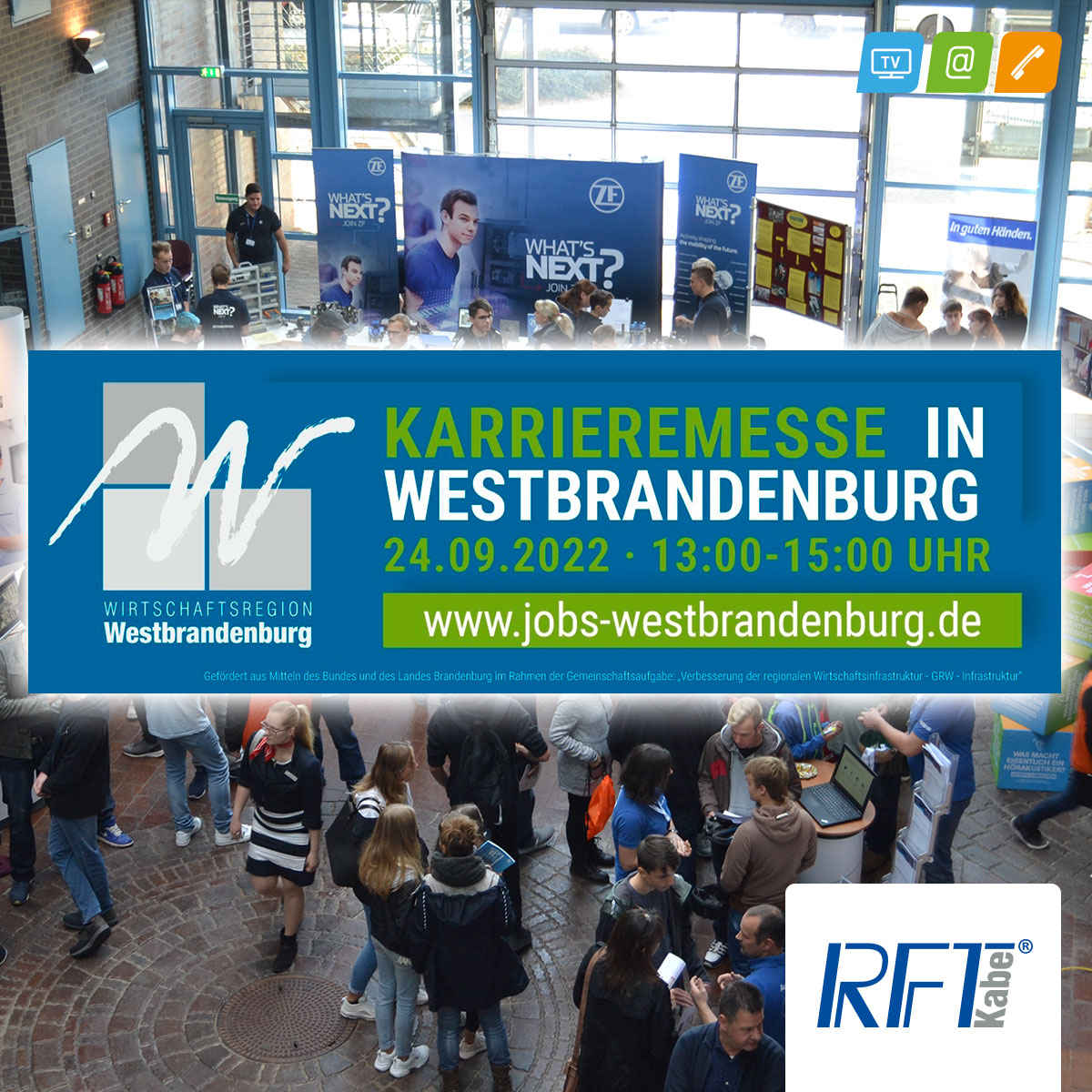 RFTkabel's tweet photo. #Karriere starten in #Brandenburg?🚀 Lieblingsjob finden? Den #Job wechseln? Dann auf zur #Karrieremesse! Rund 50 Unternehmen präsentieren sich morgen von 13:00-15:00 Uhr mit ihren #Jobangeboten - wir auch! Sehen wir uns? Weitere Infos: ➡️ https://t.co/ulfH9N83rl https://t.co/kYhurVbSar