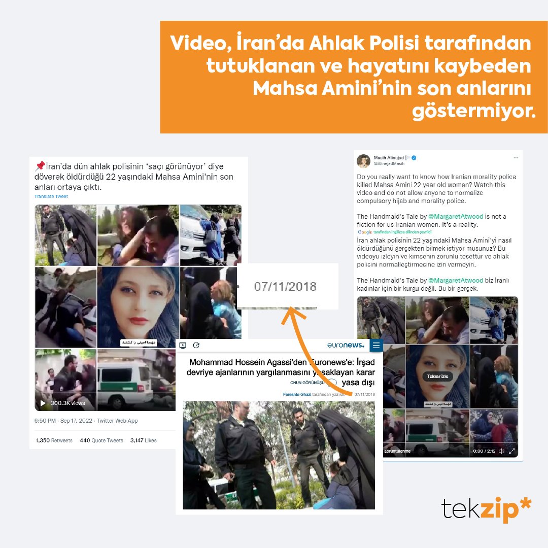 ❌ Video, İran’da Ahlak Polisi tarafından tutuklanan ve hayatını kaybeden Mahsa Amini’nin son anlarını göstermiyor.

✅ Video, İran’da ahlak polisi şiddetine maruz kalan kadınların yaşadığı olayları gösteren bir derleme.