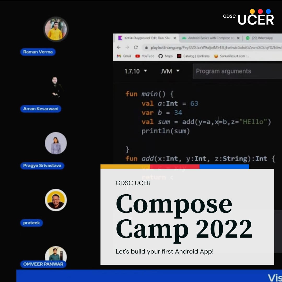 gdsc_ucer's tweet photo. The Compose Camp held its second last session which was also the wrap-up session, the glimpse of which we can see 🚀
Enthusiastic participants created their first android application under the guidance of speakers Raman Verma and Omveer Panwar
#composecamp2022 #composecamp #gdsc https://t.co/vZkXaDtr1s