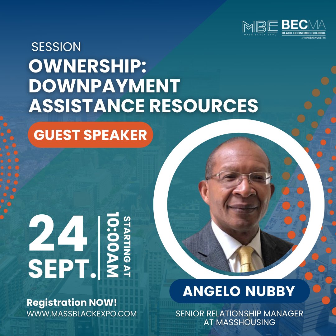BECMAinc's tweet photo. We’re excited to have Angelo Nubby as part of our “Ownership: Downpayment Assistance Resources” at the @massblackexpo ! https://t.co/eki3gxilfw
Be sure to join him virtually on Saturday, Sept. 24 at the Mass Black Expo!
#MBE #MBE22 #MassBlackExpo #BECMA https://t.co/ifGRow5cvC