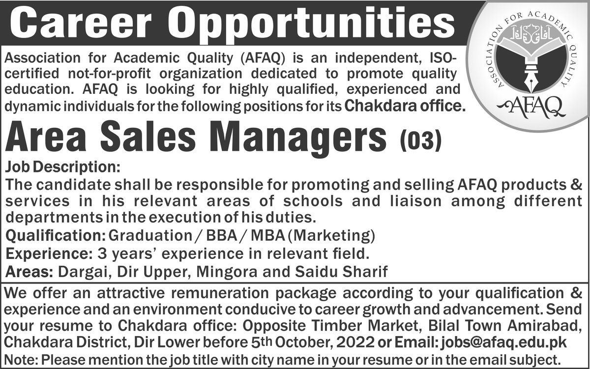afaqofficial's tweet photo. *Job Openings in AFAQ* 
Position Title: Area Sales Manager (03) 
Experience: 3 years in relevant field.
Qualification: Graduation/ BBA/ MBA(Marketing)
Apply before: 5th October, 2022
Apply at: jobs@afaq.edu.pk
#AFAQ #AFAQofficial #areasalesmanager #textbooks #jobs https://t.co/FSRxRpVt9M