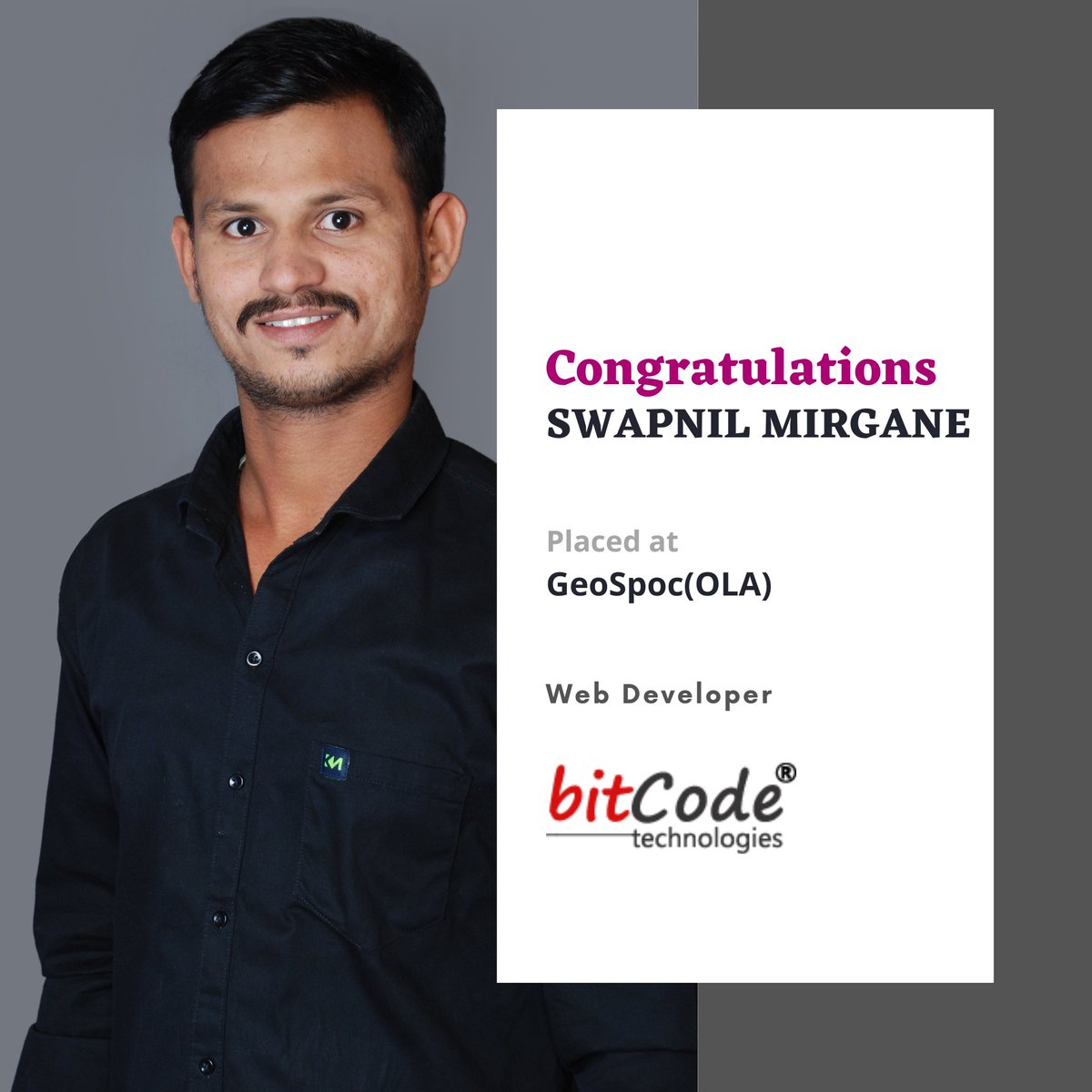 BitcodeTech's tweet photo. Congratulations SWAPNIL MIRAGANE, for your placement at #GeoSpoc(OLA) as #Web Developer. We wish you all the best!
For details about Full Stack Web Development training visit:
https://t.co/O1hBIiMQJG
#bitcode #bitcodeplacements #bitcodesuccessstories #meanstacktraining #fullstack https://t.co/2f3zciO3Ij