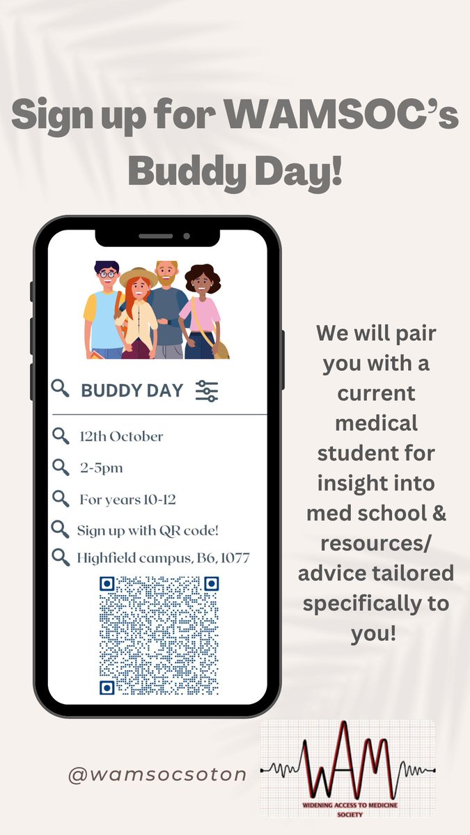 WAMSoc_soton's tweet photo. WAMSoc are running their first Buddy Day of the year! Check out our posters below and scan the QR codes to sign up now!
#wp #medicine #ucas #workexperience #medicineapplication #signup https://t.co/mdewFwWVUX