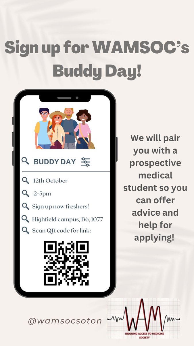 WAMSoc_soton's tweet photo. WAMSoc are running their first Buddy Day of the year! Check out our posters below and scan the QR codes to sign up now!
#wp #medicine #ucas #workexperience #medicineapplication #signup https://t.co/mdewFwWVUX