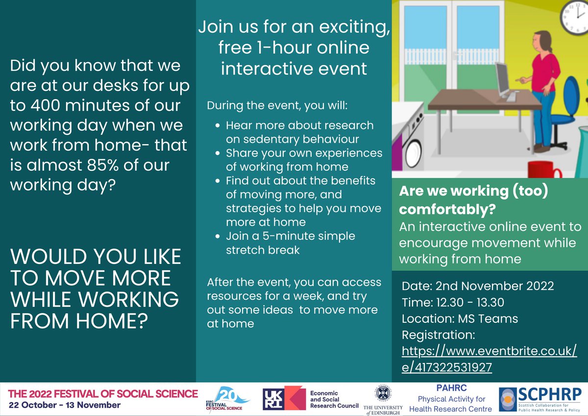 Divya Sivaramakrishn (@divyasivaramak) on Twitter photo Would you like to move more when you work from home? Join our Festival of Social Science event #ESRCFestival:
Are we working (too) comfortably? Move more when you work from home.
<a href="/ESRC/">Economic and Social Research Council</a> <a href="/AilsaNiven/">Ailsa Niven</a> <a href="/_sarah_morton/">Dr Sarah Morton | Sorcha Mhorton</a> <a href="/CFFitzsimons/">Claire Fitzsimons</a>
Register here:eventbrite.co.uk/e/are-we-worki… Would you like to move more when you work from home? Join our Festival of Social Science event #ESRCFestival:
Are we working (too) comfortably? Move more when you work from home.
<a href="/ESRC/">Economic and Social Research Council</a> <a href="/AilsaNiven/">Ailsa Niven</a> <a href="/_sarah_morton/">Dr Sarah Morton | Sorcha Mhorton</a> <a href="/CFFitzsimons/">Claire Fitzsimons</a>
Register here:eventbrite.co.uk/e/are-we-worki…