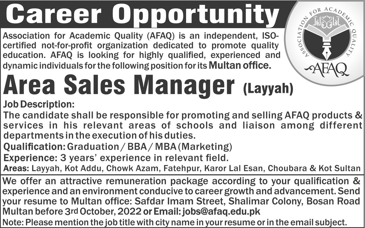 afaqofficial's tweet photo. *Job Openings in AFAQ* 
Position Title: Area Sales Manager (Layyah) 
Experience: 3 years in relevant field.
Qualification: Graduation/ BBA/ MBA(Marketing)
Apply before: 3rd October, 2022
Apply at: jobs@afaq.edu.pk
#AFAQ #AFAQofficial #textbooks #areasalesmanager #jobs #Layyah https://t.co/YzA3cLmFCT