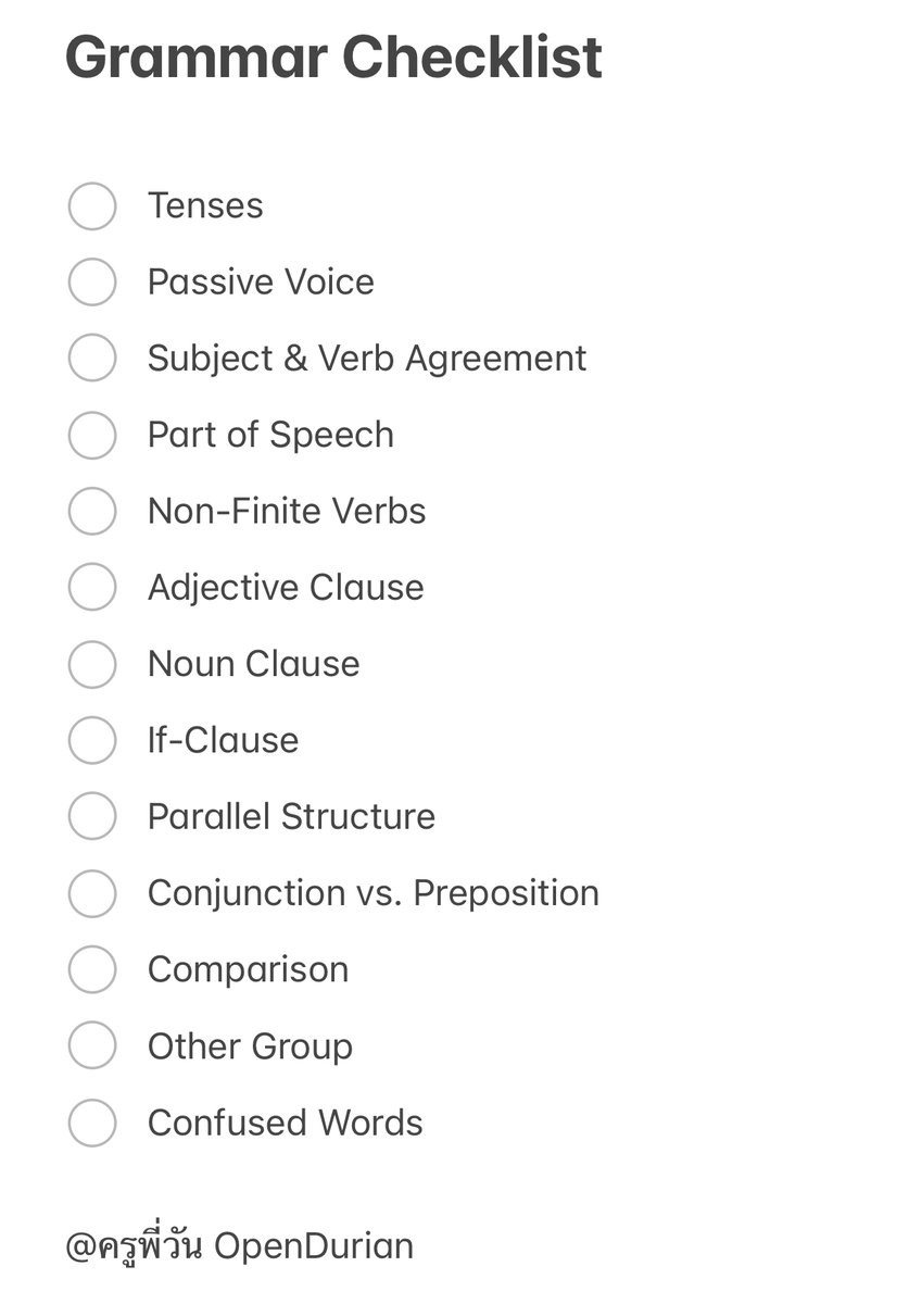 #DEK66 มีน้อง DM มาขอ Grammar Checklist ว่ามีเรื่องหลักๆ อะไรบ้าง พี่วัน List ออกมาให้ประมาณนี้ แต่อย่าจมกับเรื่องใดเรื่องหนึ่งนาน ให้หาโจทย์มาทำจะเห็นภาพมากกว่า #TCAS66 #DEK67 #TCAS67 #กสพท66 #กสพท67