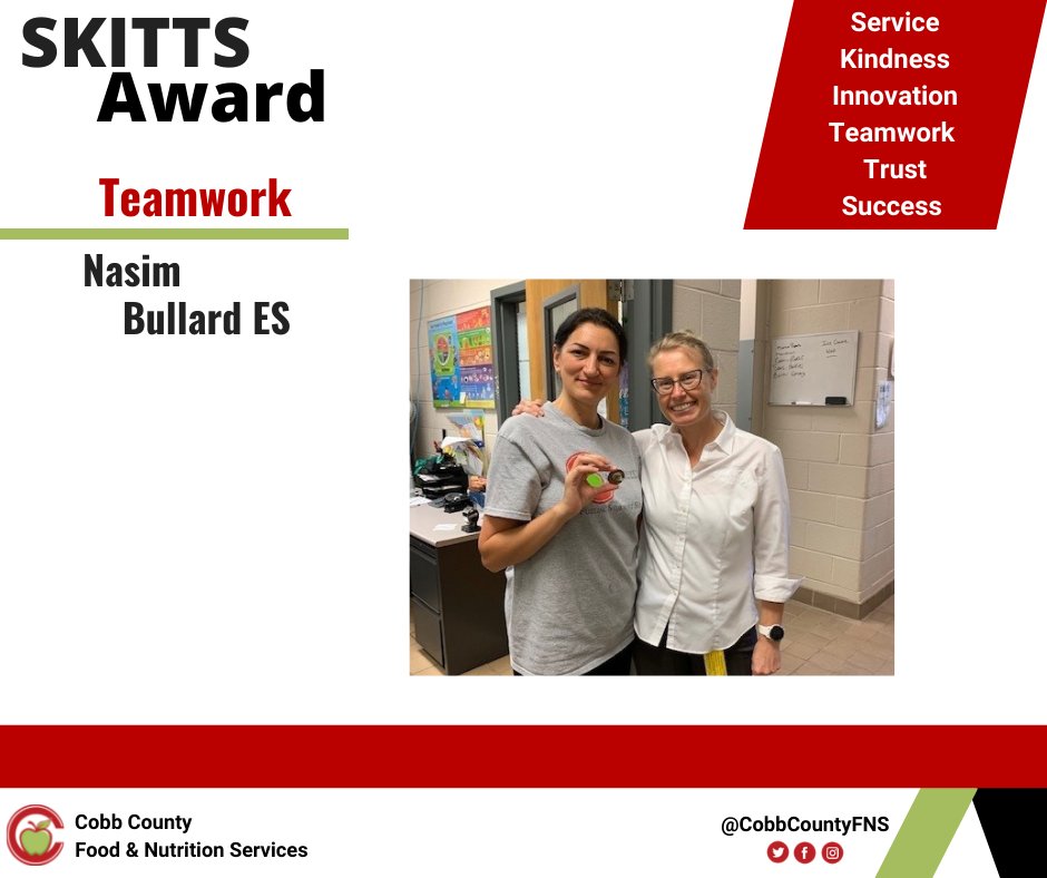 CobbCountyFNS's tweet photo. A SKITTS Award in the category of Teamwork was recently awarded to Nasim, Food Service Assistant at Bullard Elementary. She volunteered to help out a near by school for the entire first week of school.

Thank you for all that you do Nasim! 👍😀
#FuelingStudentSucess #CobbFNSRocks https://t.co/5fmUFEceR0