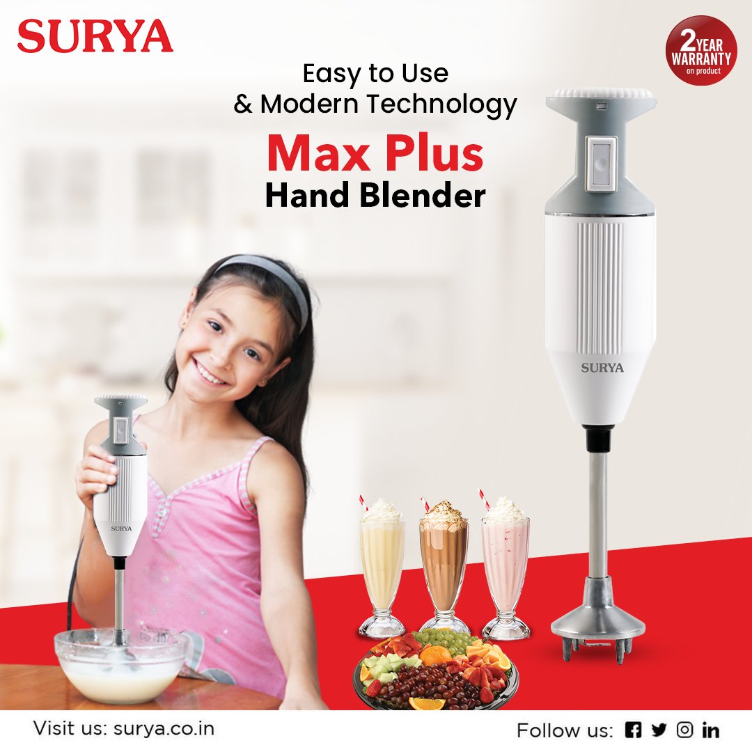 surya_roshni's tweet photo. Surya Max Plus Hand Blender has made the preparation of juices, smoothies and purees much easier with its rust-proof blades
Visit us at - https://t.co/pH3QJn3czf  

#Surya #SuryaAppliances #HandBlender #HandBlendingMachine #MaxPlusHandBlender #KitchenEssentials #KitchenAppliances https://t.co/kY2pU6cmwB