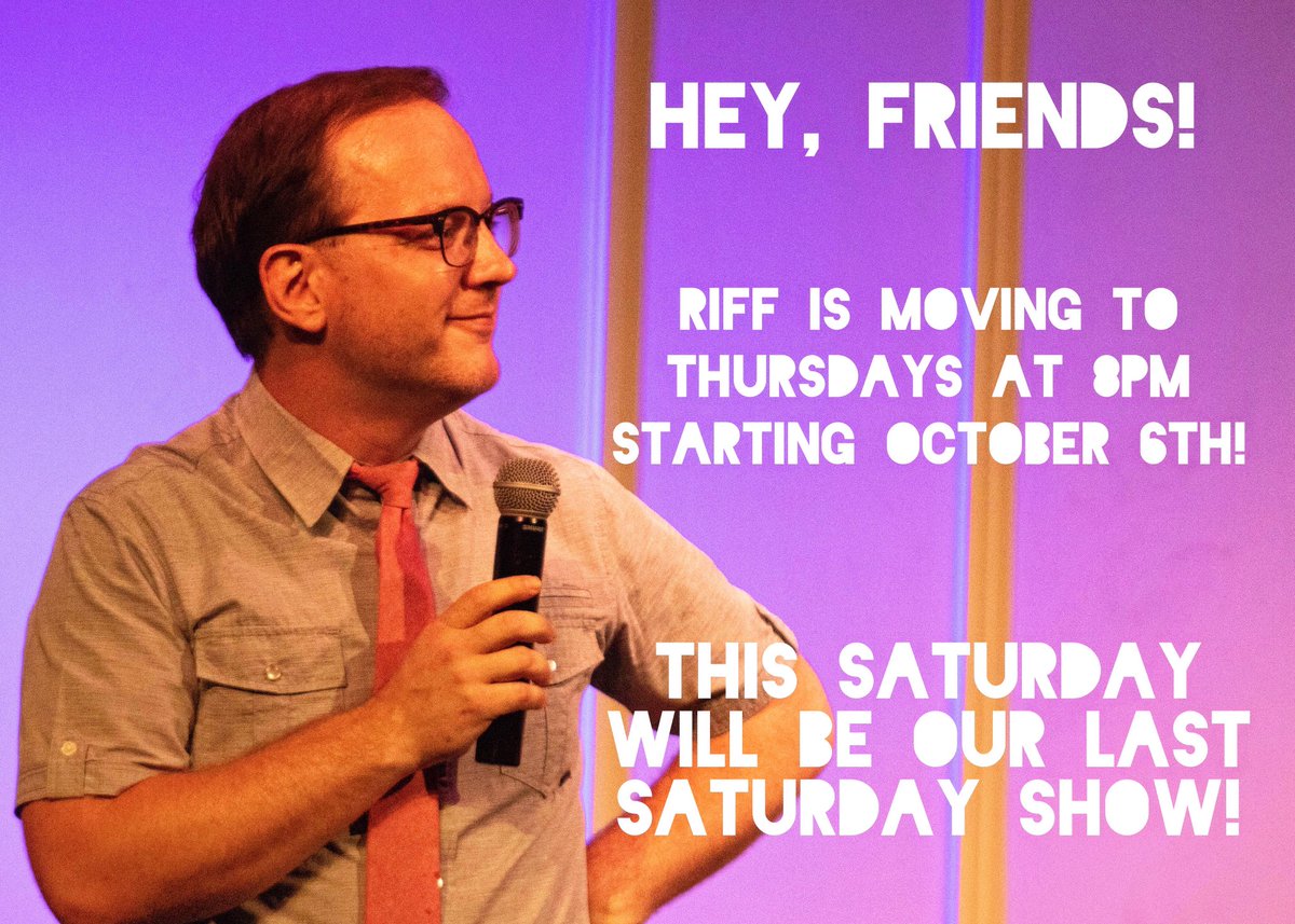 RIFF: Chicago’s Music Improv Party (@riffimprov) on Twitter photo THIS SATURDAY IS OUR LAST SATURDAY! THEN WE’RE OFF TO THURSDAYS! #riffimprov #chicago #music #improv #comedy #party @The_Annoyance THIS SATURDAY IS OUR LAST SATURDAY! THEN WE’RE OFF TO THURSDAYS! #riffimprov #chicago #music #improv #comedy #party @The_Annoyance