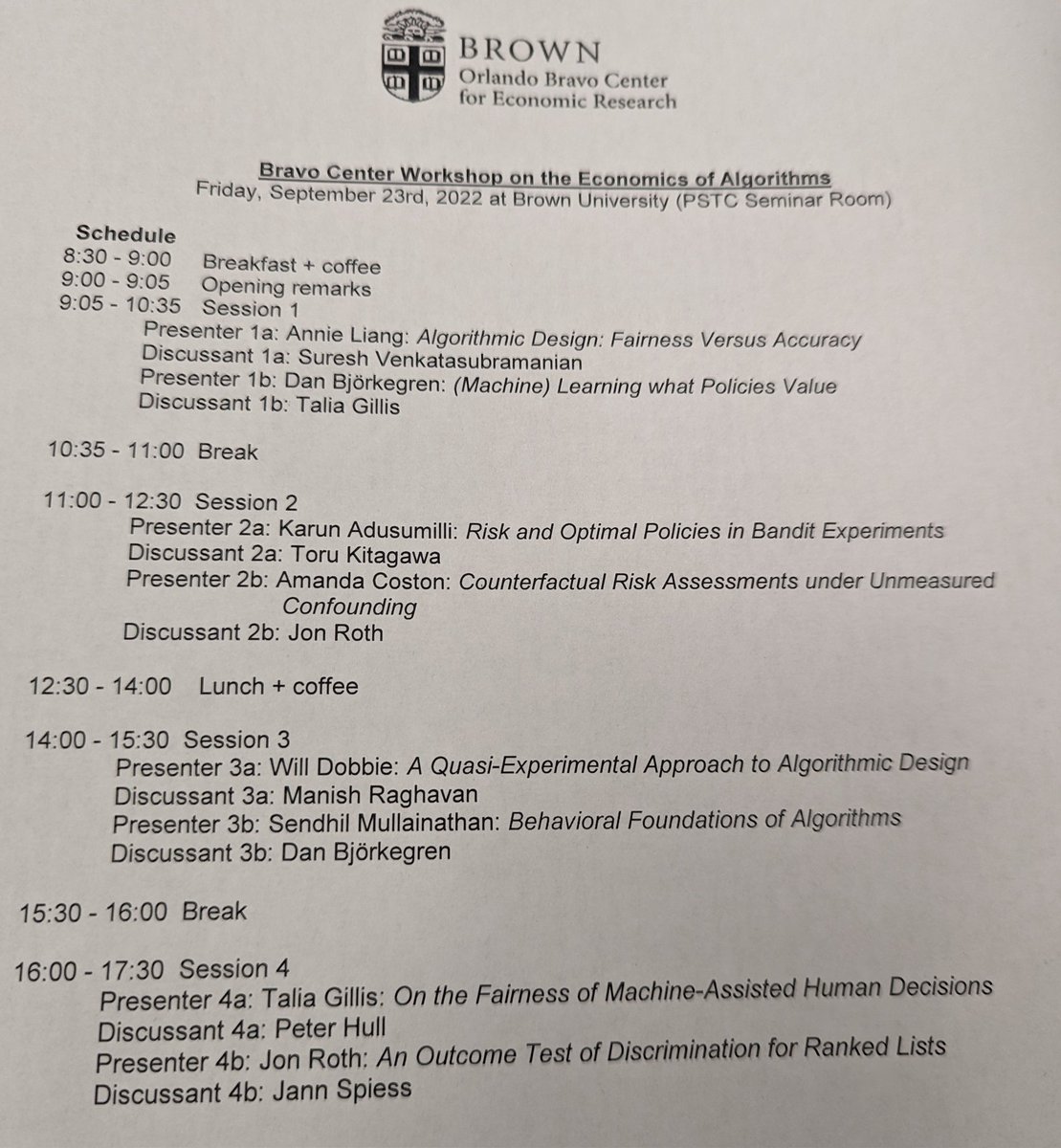 Peter Hull (@instrumenthull) on Twitter photo Excited for the Inaugural Bravo Center Workshop on the Economics of Algorithms today <a href="/Brown_Economics/">Brown Economics</a> <a href="/PSTC_Brown/">PSTC at Brown University</a>! Excited for the Inaugural Bravo Center Workshop on the Economics of Algorithms today <a href="/Brown_Economics/">Brown Economics</a> <a href="/PSTC_Brown/">PSTC at Brown University</a>!