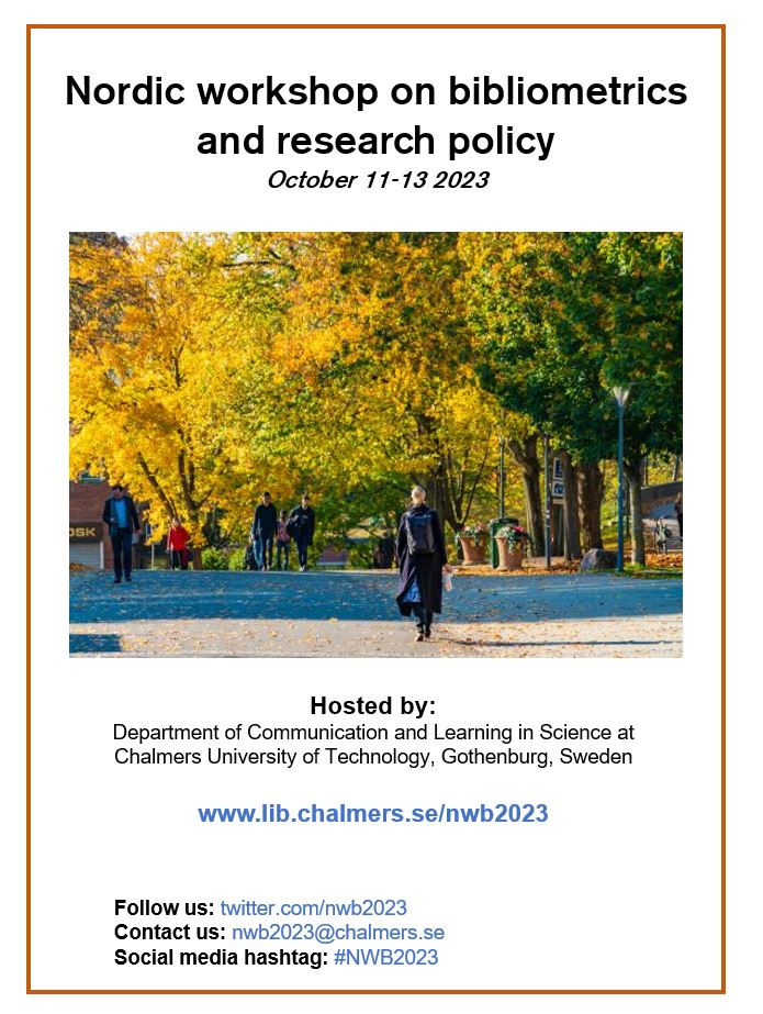 The Dept. of Communication and Learning in Science at Chalmers University of Technology, Sweden will host the 28th Nordic workshop on bibliometrics and research policy in 2023. Welcome! 
lib.chalmers.se/nwb2023 
#NWB2023