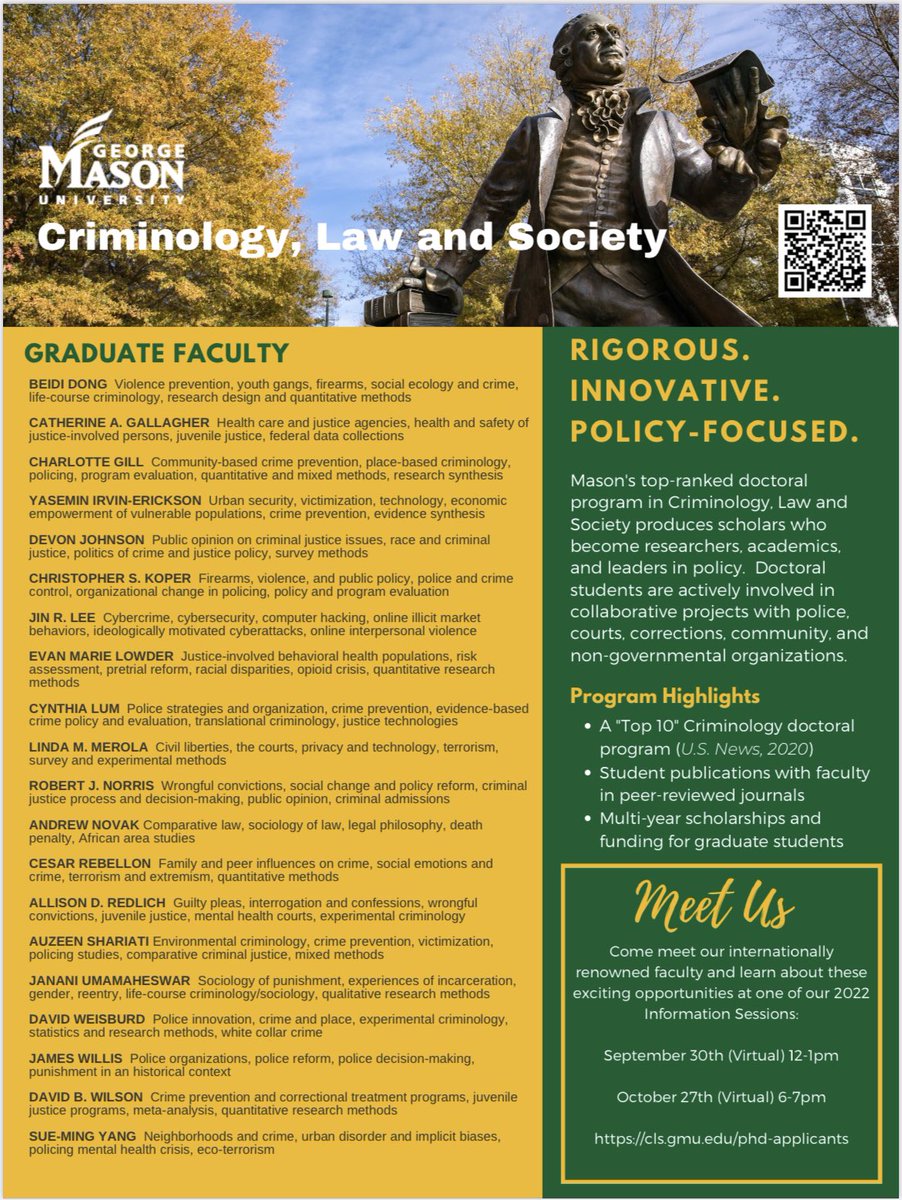 JinRLee_'s tweet photo. If you’re interested in pursuing a PhD in #criminology and doing doctoral research in #cybercrime #cybersecurity #onlinedeviance, please apply to work w. me at @gmucriminology! 

Sign up for one of our virtual PhD information sessions (9/30 or 10/27)

Applications are due Dec. 1! https://t.co/4BIHfSmbeX