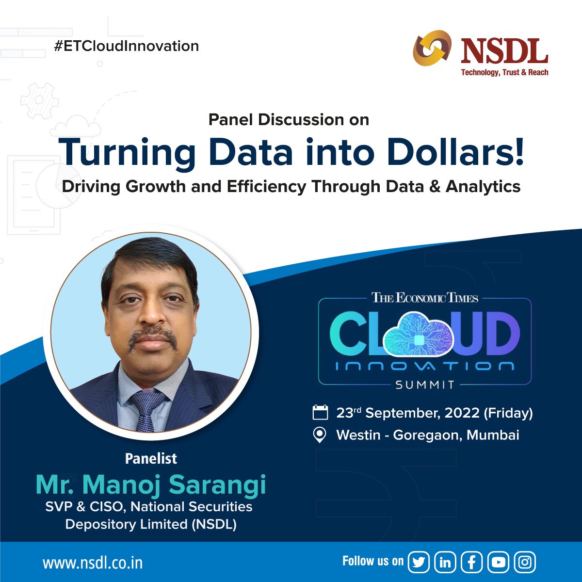 Mr.Manoj Sarangi, SVP &amp; CISO, NSDL, was part of a panel discussion titled "Turning Data into Dollars- Driving Growth and Efficiency Through Data and Analytics" at 'The Economic Times Cloud Innovation Summit' which was hosted by <a href="/Lenovo_in/">Lenovo India</a> today in Mumbai.

#NSDL <a href="/ET_Edge/">ET Edge</a> #data