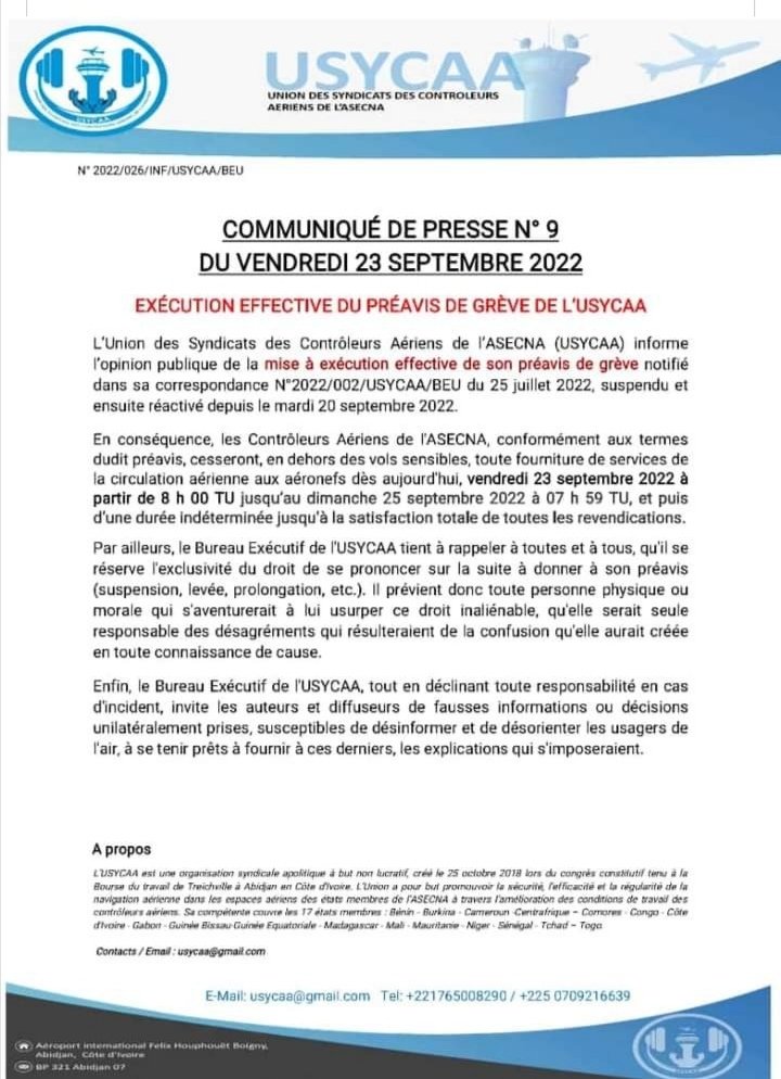 Bolawa15's tweet photo. Grève des contrôleurs de l'asecna
Pour l'exécution effective du préavis de grève qui a déroulé ce matin.
Du 23 septembre 2022 à 8hr00 jusqu'au 25/09/2022 à 07 hr 59 TU.
@USYCAA #controleur #Aviaton civile #ASECNA #Afrique.
@LISSORO1 @odilon236 @patara236 @sewaspace
#Bolawa #RCA https://t.co/nqo9Xi5hD6