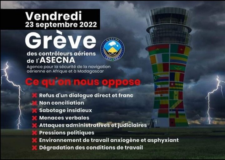 Grève des contrôleurs de l'asecna
Pour l'exécution effective du préavis de grève qui a déroulé ce matin.
Du 23 septembre 2022 à 8hr00 jusqu'au 25/09/2022 à 07 hr 59 TU.
@USYCAA #controleur #Aviaton civile #ASECNA #Afrique.
<a href="/LISSORO1/">LISSORO</a> <a href="/odilon236/">Odilon Doundembi</a> <a href="/patara236/">Patara 236</a> <a href="/sewaspace/">SewaSpace236 🇨🇫</a>
#Bolawa #RCA