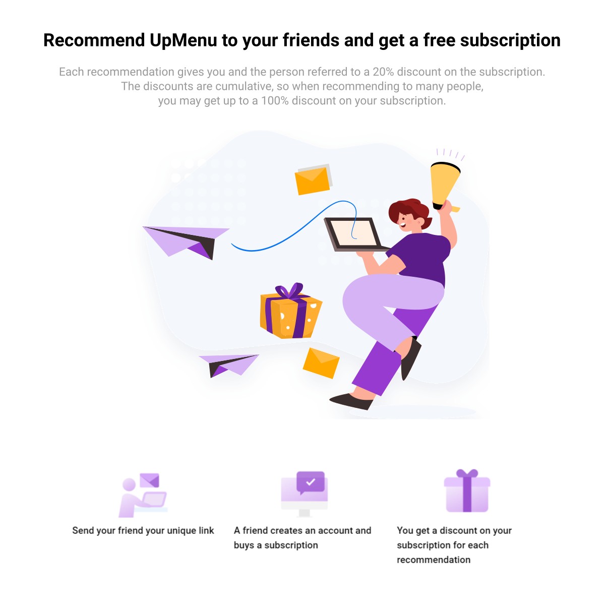 UpMenuCOM's tweet image. We have launched a new #ReferralProgram. Go to your account, get an individual link and send 📨 it to your friend #restaurateurs.

When someone uses your link to sign up for a paid account, you'll both get a 20% discount. Discounts are cumulative up to 💯% bit.ly/3BEDFjn