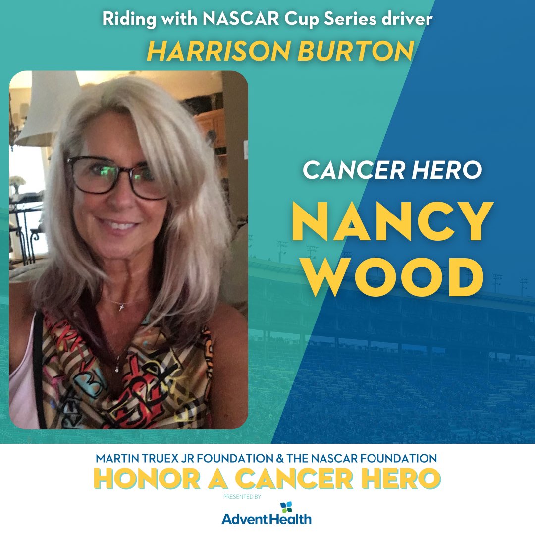 Cancer fighter Nancy Wood is riding with @HBurtonRacing at Texas. Nancy was nominated by @woodbrothers21 who says she brightened any room, any track she walked into.

@NASCAR_FDN | @AdventHealth
#HeroesRideAlong #NASCAR #NASCARPlayoffs