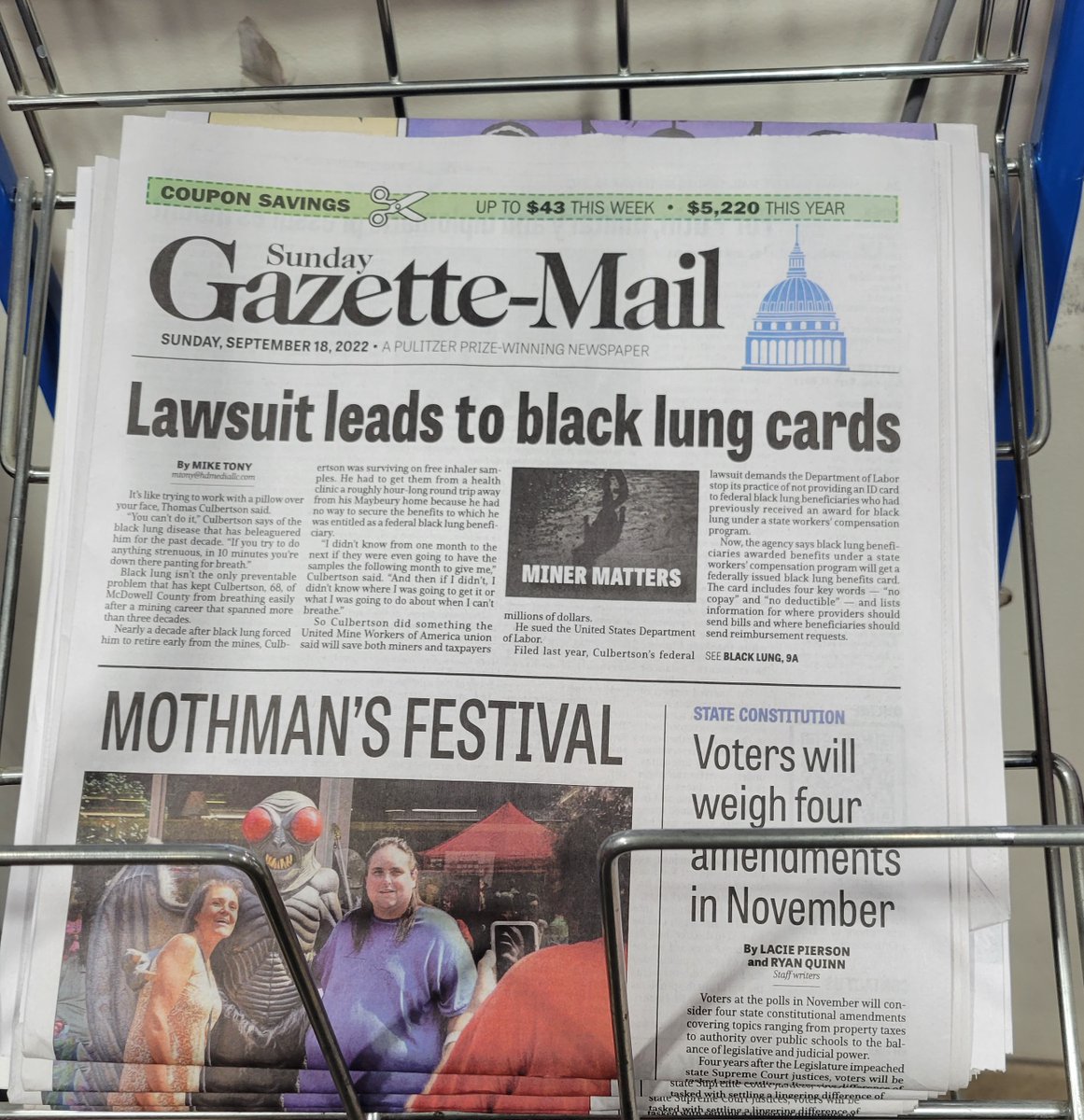 AppalReDLegal's tweet photo. (1/2) It's a good news day when we can share the Sunday paper with #Mothman. https://t.co/anbiT6fcKI