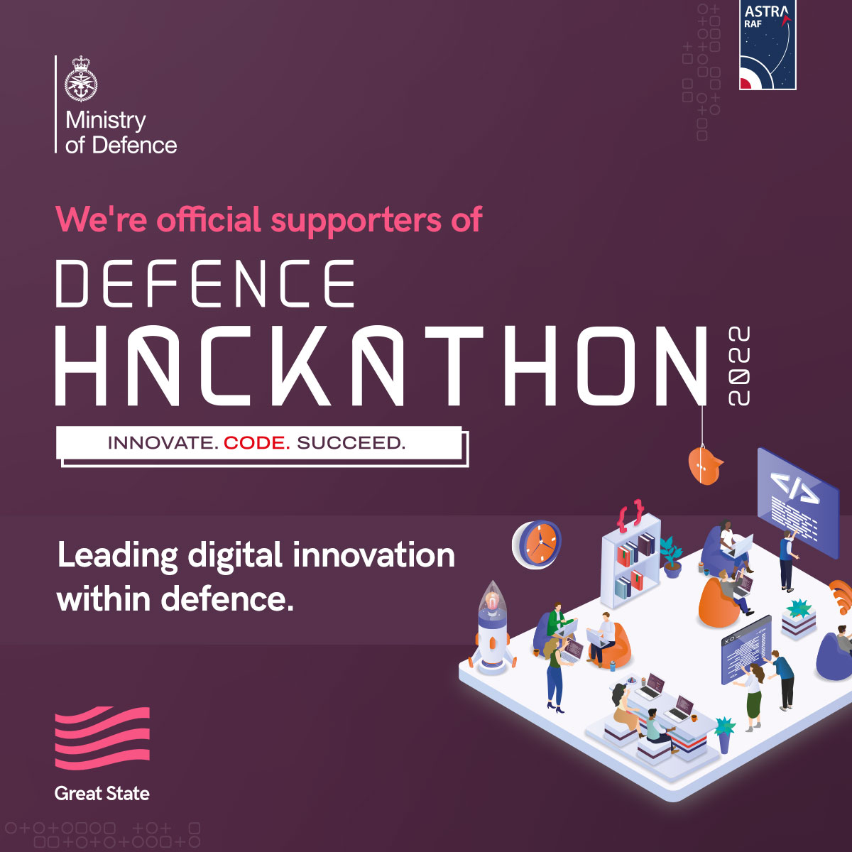 WeAreGreatState's tweet photo. We’re excited to be official supporters of the Defence #Hackathon 2022.

We're known for digitally transforming The @RoyalNavy and we can't wait to collaborate with the @RoyalAirForce, @DefenceHQ and the @BritishArmy to facilitate the teams as they innovate, code, succeed 🚀 https://t.co/JSx36kZNNu
