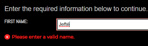 a screenshot showing error message saying: "please enter a valid name"
