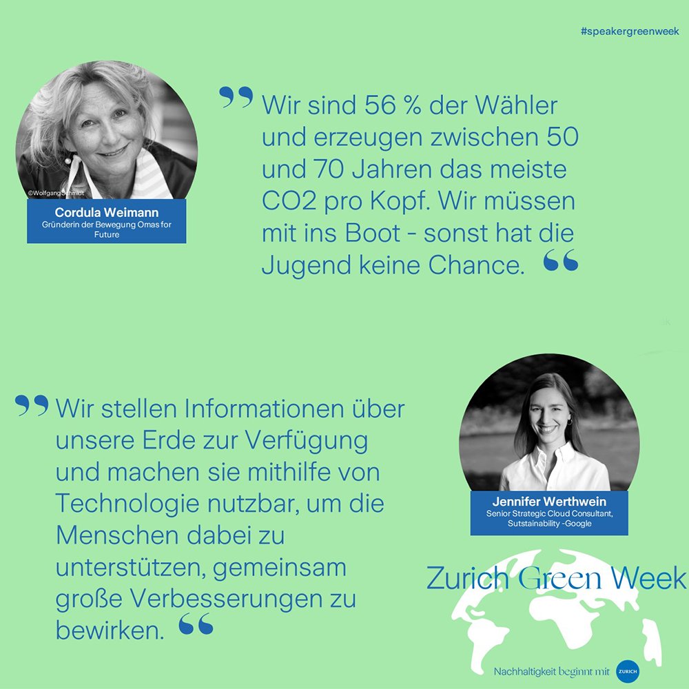 Zum Abschluss der #GreenWeek gaben heute Jennifer Werthwein von @Google und Cordula Weimann von @OmasForFuture ihre Impulse für eine nachhaltige Zukunft an die Mitarbeitenden der Zurich Gruppe Deutschland. https://t.co/CpC36hgs42
