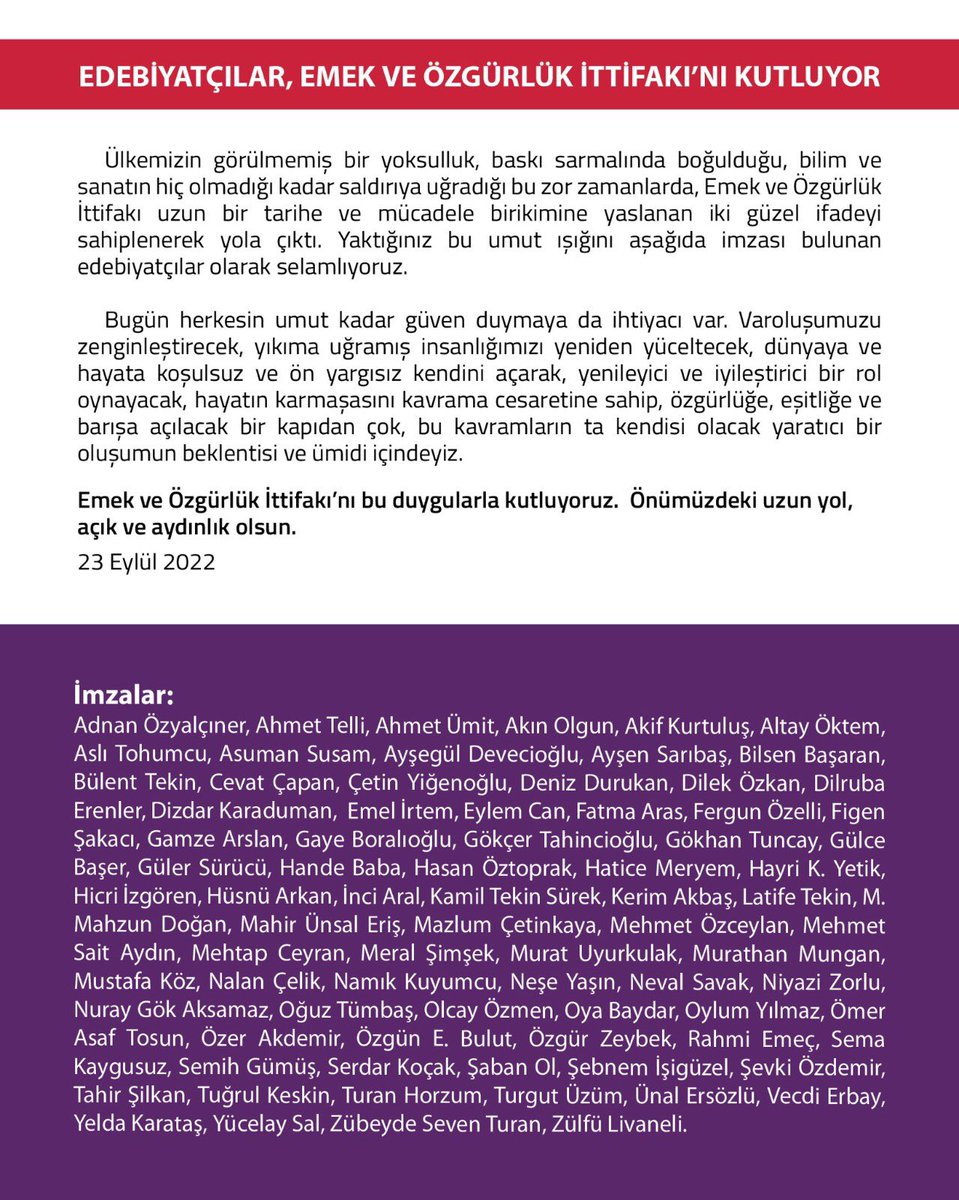 emekpartisi's tweet photo. Edebiyatçılar, Emek ve Özgürlük İttifakı'nı kutluyor: 

Önümüzdeki uzun yol, açık ve aydınlık olsun. 

#EmekVeÖzgürlükZamanı https://t.co/JuzGsKdMZn