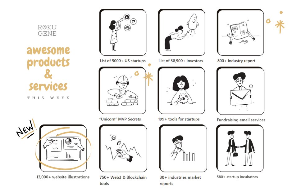 RokuGene's tweet image. It's FRIYAY, startup founders!
Let's recap what's on our shelf this week?

👉[NEW RELEASE] 13,000+ website design illustrations 👈
#startup #founder #magictools #marketresearch #researchreport #fundraising #accelerator #incubator #investor #resources #website #illustrations
