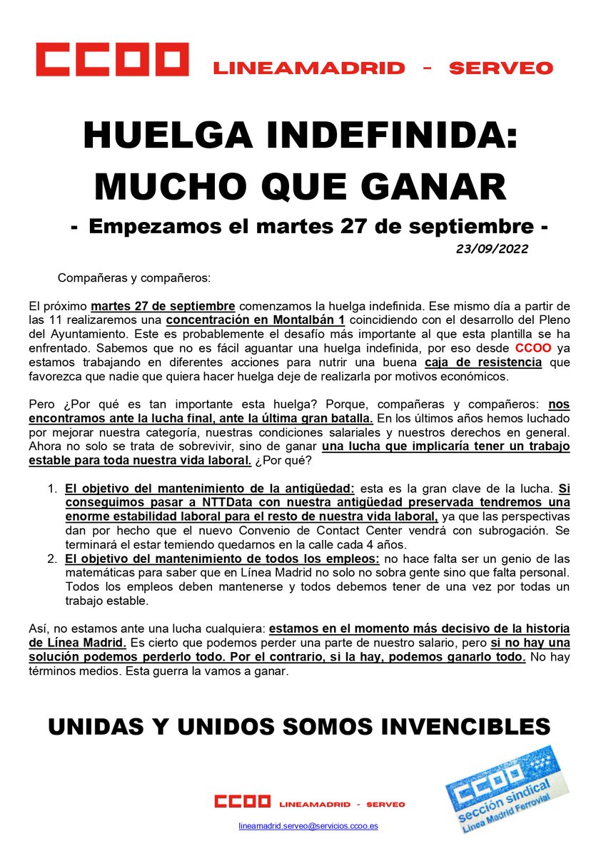 CCOOlineamadrid's tweet photo. Huelga indefinida: mucho que ganar #familialineamadrid https://t.co/NPOxXfkJ71