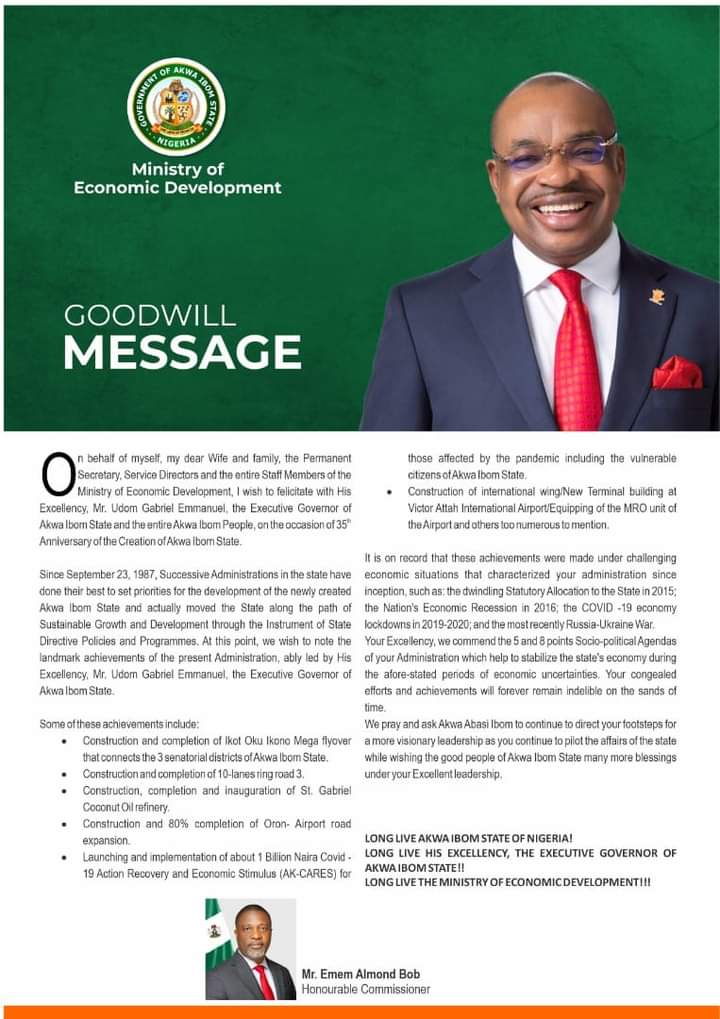 Harrisondifreke's tweet photo. Goodwill message from Mr. Emem Almond Bob, Honourable Commissioner, Ministry of Economic Development, Akwa Ibom State to His Excellency Mr. Udom Emmanuel as Akwa Ibom State celebrates her 35th Anniversary.
#Udomisworking
#akwaibom35 https://t.co/H8TUXSPIRG
