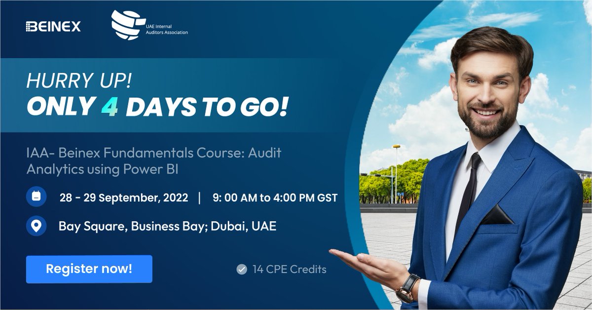 BeinexOfficial's tweet photo. Beinex has collaborated with the esteemed Internal Auditors Association, UAE, to provide individualised onsite coaching on Audit Analytics Using Power BI.
Register now: https://t.co/0wyfXfajV8
#IAA #auditanalytics #beinex #registernow #uae https://t.co/XVkXMK1eu3