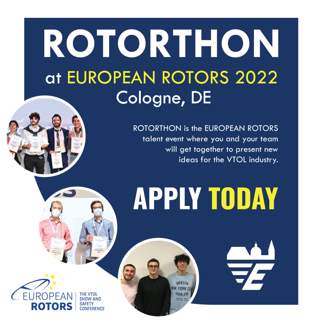 We are inviting European and Turkish students to apply to this year's #rotorthon at #europeanrotors22!

If you are passionate about #VTOL and have ideas to help further aviation technology, please apply by Oct. 17. Click here: bit.ly/3Do2KBF to get started. #VTOL