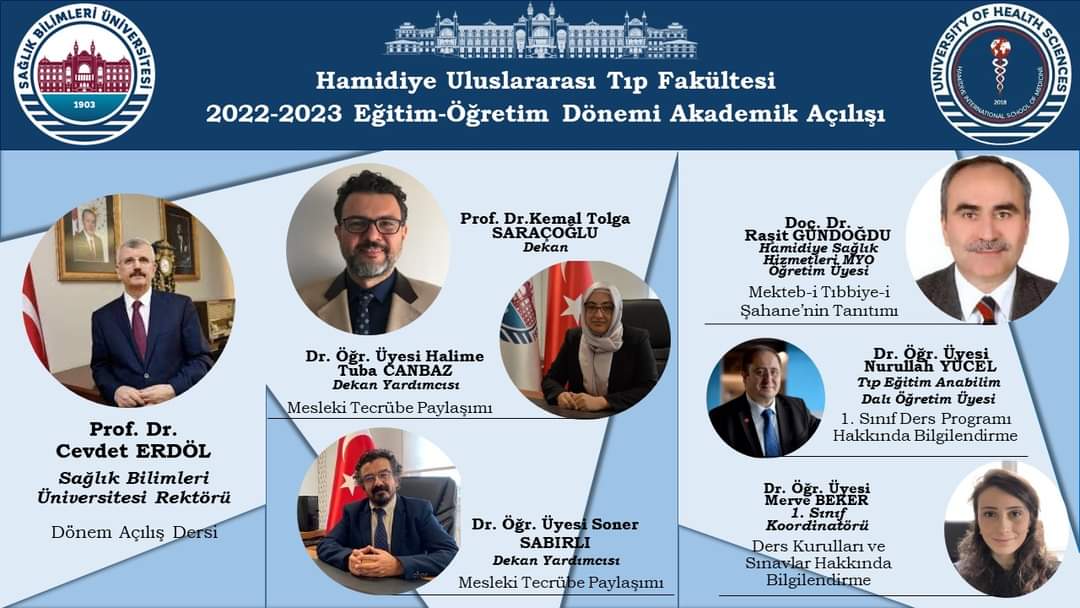 Hamidiye Uluslararası Tıp Fakültesi 2022-2023 Eğitim - Öğretim Dönemi Akademik Açılışı 26 Eylül 2022 Pazartesi günü saat 8:45’de Fakültemiz 1. Sınıf amfimizde Üniversitemiz Rektörü Prof. Dr. Sn. Cevdet ERDÖL Hocamızın da katılacağı program ile gerçekleşecektir.