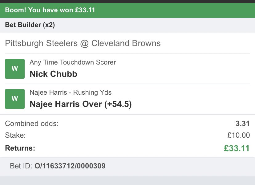ForNfltips's tweet photo. Week three decent start as betbuilder lands. Heavy run games for both teams & a good start. Hit ❤️ if you were on? Rest of week 3 bets to follow so put those notifications on #TNFonPrime #TNF #Browns #HereWeGo #Betfair #winner2 https://t.co/DnKF1U4edZ