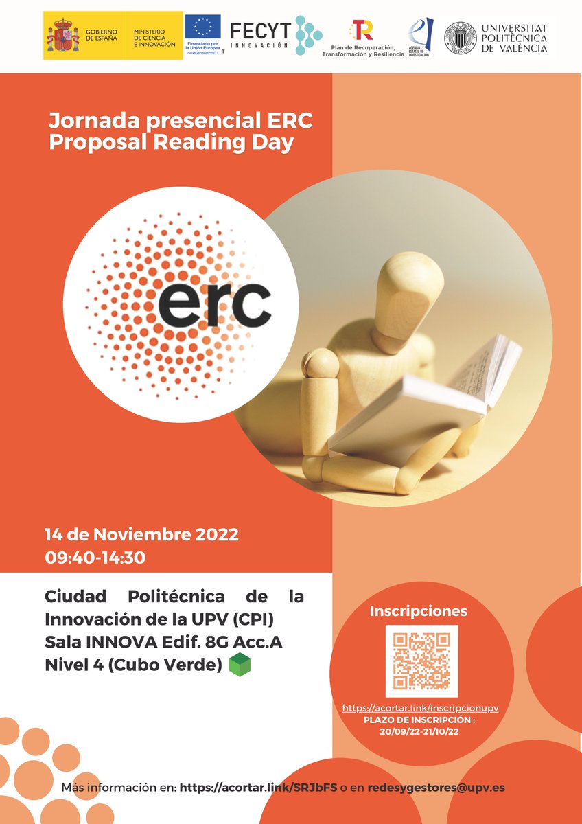 SGI_UPV's tweet photo. 🚨Corrección ERC PROPOSAL READING DAY que se celebrará el próximo 14 de noviembre.

👉El evento se celebrará en la sala INNOVA de la CPI, Edif. 8G. Acceso A, NIVEL 4 (Cubo Verde)
👉El inicio de la jornada se ha retrasado a las 9:40 h https://t.co/Qhi6rJVVVM