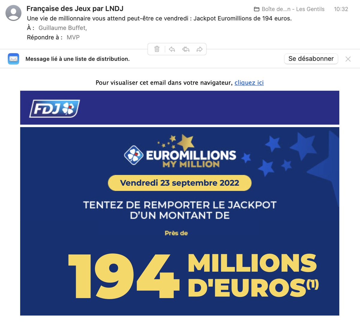 dis-moi @FDJ dépenser de l'argent (et des ressources serveur) pour envoyer des messages de masse (pour ne pas dire spam en l'occurence sur mon adresse pro) poussant à jouer pour gagner de l'argent... c'est pas un peu trop années 2000 ? #OnTourneEnPasRond