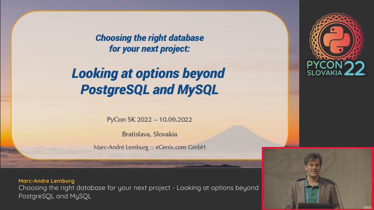 malemburg's tweet photo. The talks slides and video of my PyCon SK 2022 talk "Choosing the right database for your next project - Looking at options beyond PostgreSQL and MySQL" are now available:

Video: https://t.co/xG49WqkWtR
Slides: https://t.co/thD90GzJ8P

#pycon #python #database  #project https://t.co/fGsVfQxw2V