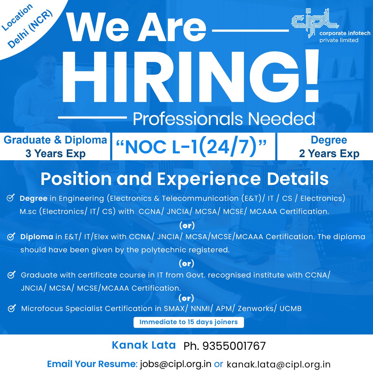 👉 “NOC L-1(24/7)” 👈

👉 Graduate &amp; Diploma (3 Years Exp) 👈

👉 Degree (2 Years Exp) 👈
#job #work #jobs #jobsearch #business #hiring #recruitment #jobseekers #careers #nowhiring #resume #follow #jobvacancy #ciplhiring #jobsearching #interview #recruiter #jobvacancy