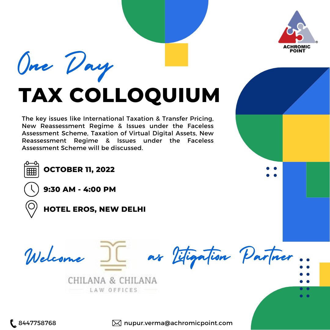 AchromicPoint's tweet image. We are excited to welcome Chilana &amp;amp; Chilana Law Offices as Litigation Partner at the One Day Tax Colloquium lnkd.in/de4Py3BP

#Tax #TaxCollection #InternationalTaxation #TransferPricing #BEPS #IncomeTax #NEFT #InternationalTax #GST #GSTAct #InPersonEvent #HybridEvent