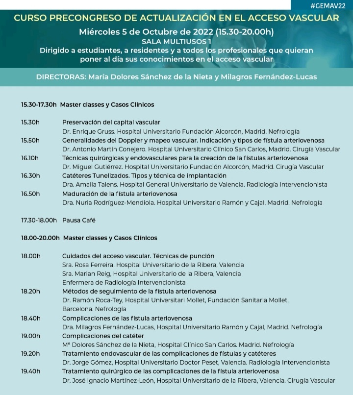 Si te has inscrito al Congreso #GEMAV22, disfruta gratuitamente de nuestro curso de actualización en el acceso vascular. Master classes y casos clínicos con grandes expertos.

Será el 5 de octubre de 15.30 a 20h en Valencia. 

Inscríbete. Plazas Limitadas▶️bit.ly/3SnBN5X